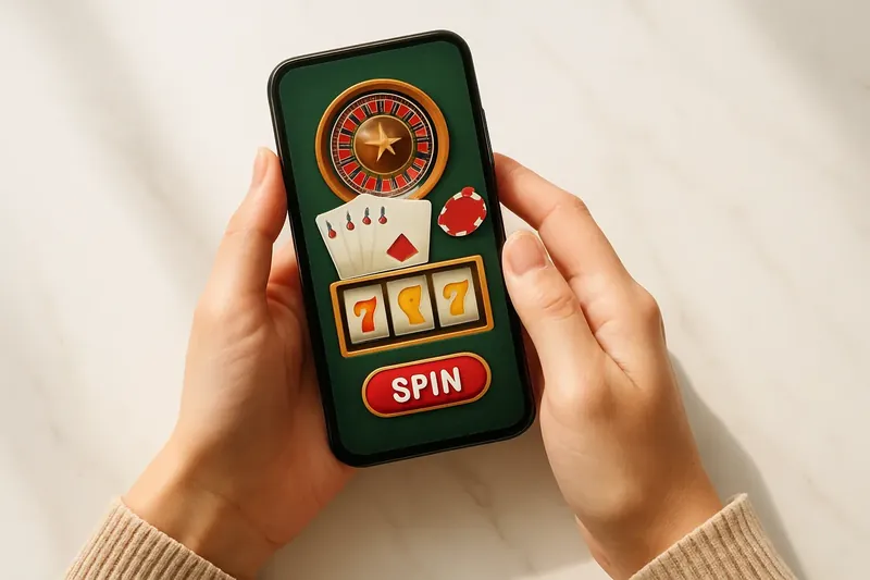 Close-up hands holding smartphone with casino app on marble surface