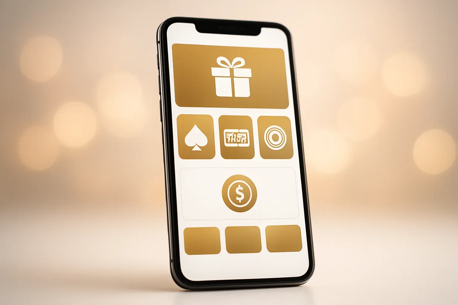 Modern smartphone displaying sleek casino app games and bonuses on white background