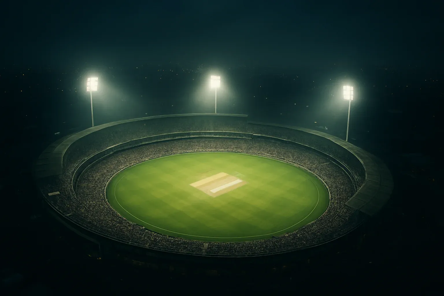 Aerial night view of cricket stadium with floodlights and vibrant green pitch