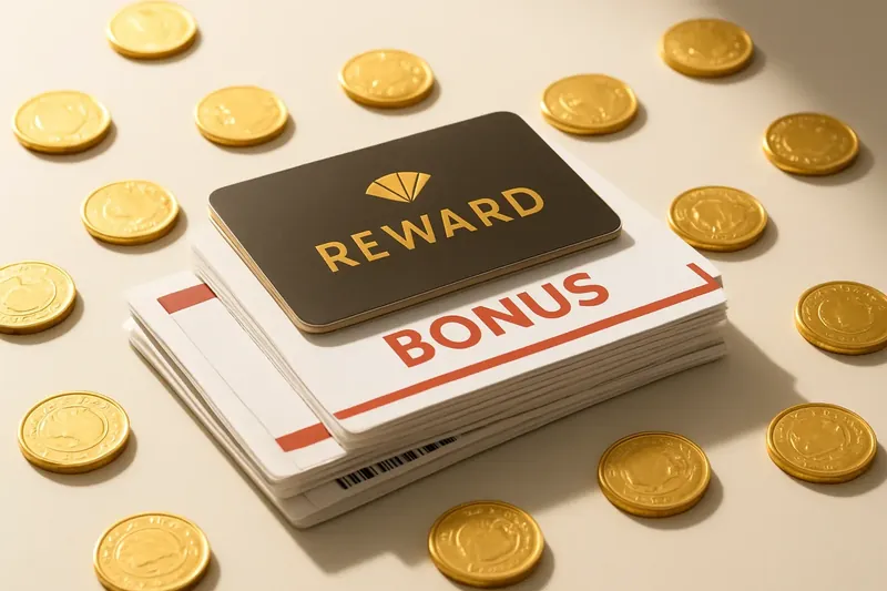 Stack of casino bonus vouchers and reward cards with scattered gold coins