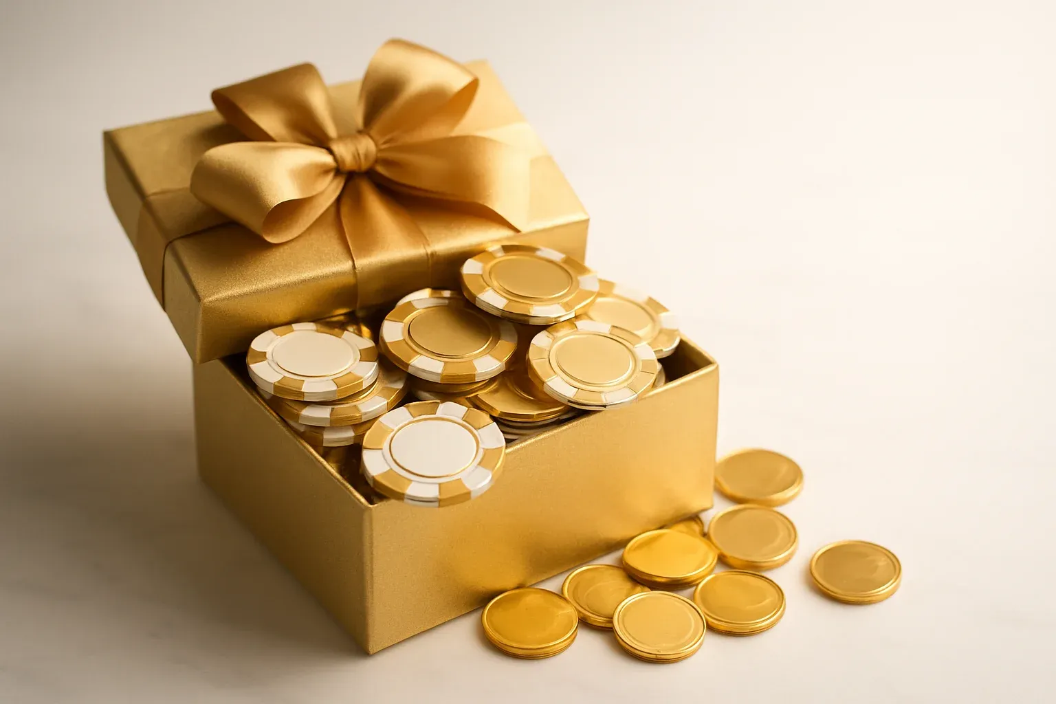 Golden gift box overflowing with poker chips and gold coins