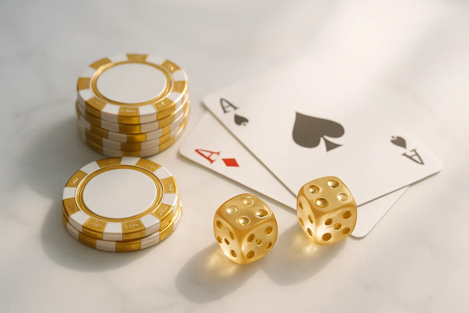 Elegant casino chips, cards and dice on white marble with gold accents