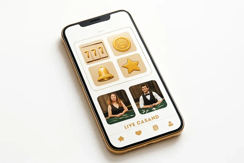 Mobile phone showing casino app with slots and live games on bright background