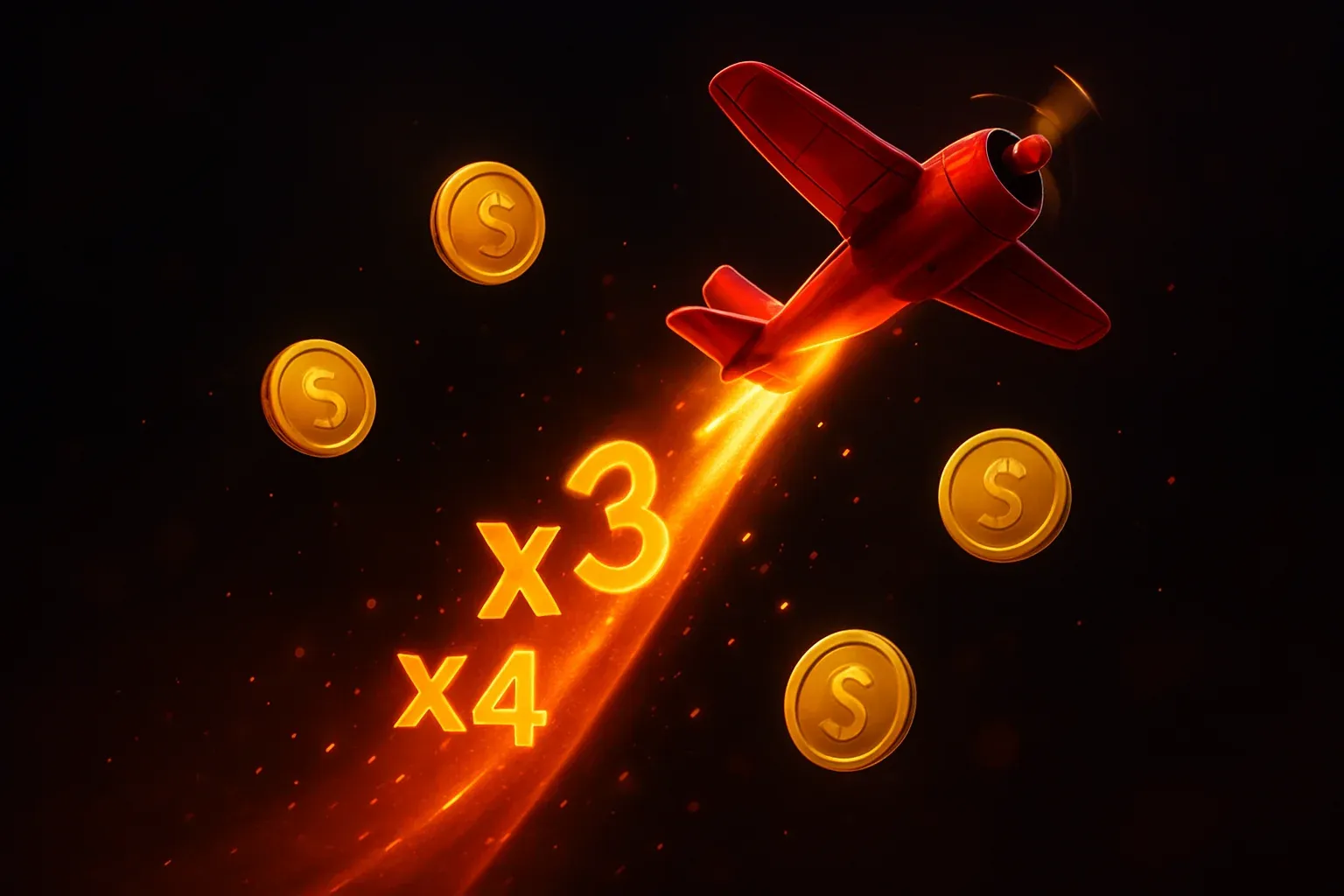 Red airplane climbing with glowing multiplier trail, coins, sparks, neon accents