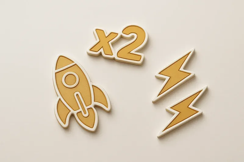 Gold and white instant game icons with rocket, multiplier, and lightning symbols
