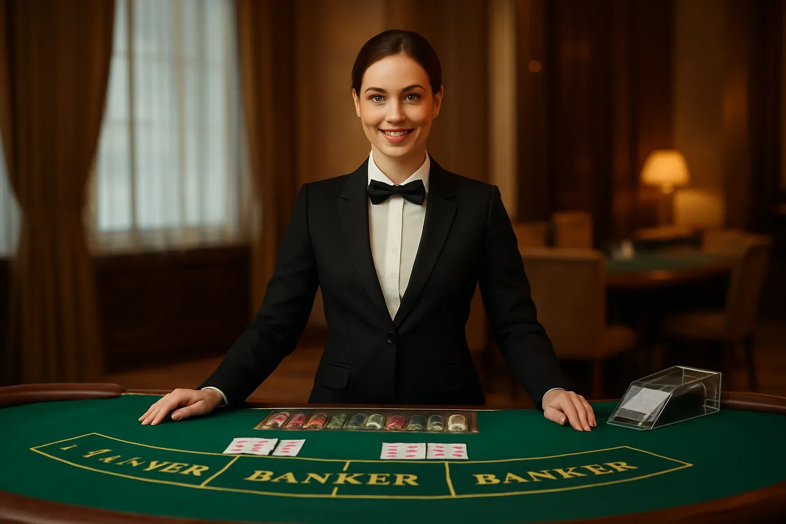 Professional female dealer at elegant live baccarat table with green felt