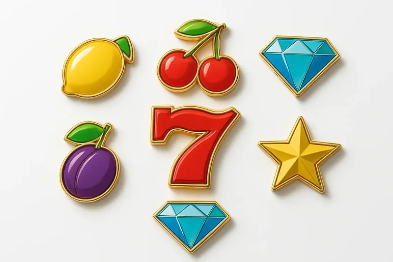 Assorted casino slot icons with fruit, diamonds, lucky sevens, and stars