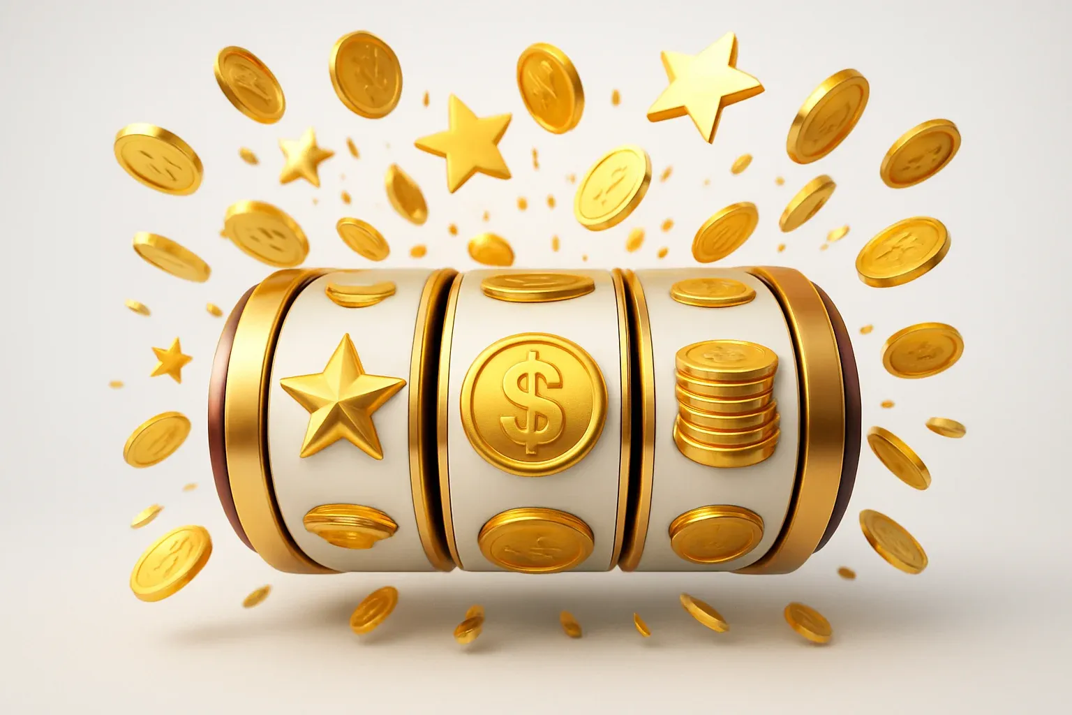 Colorful casino slot reels with gold symbols, coins, and stars bursting outward